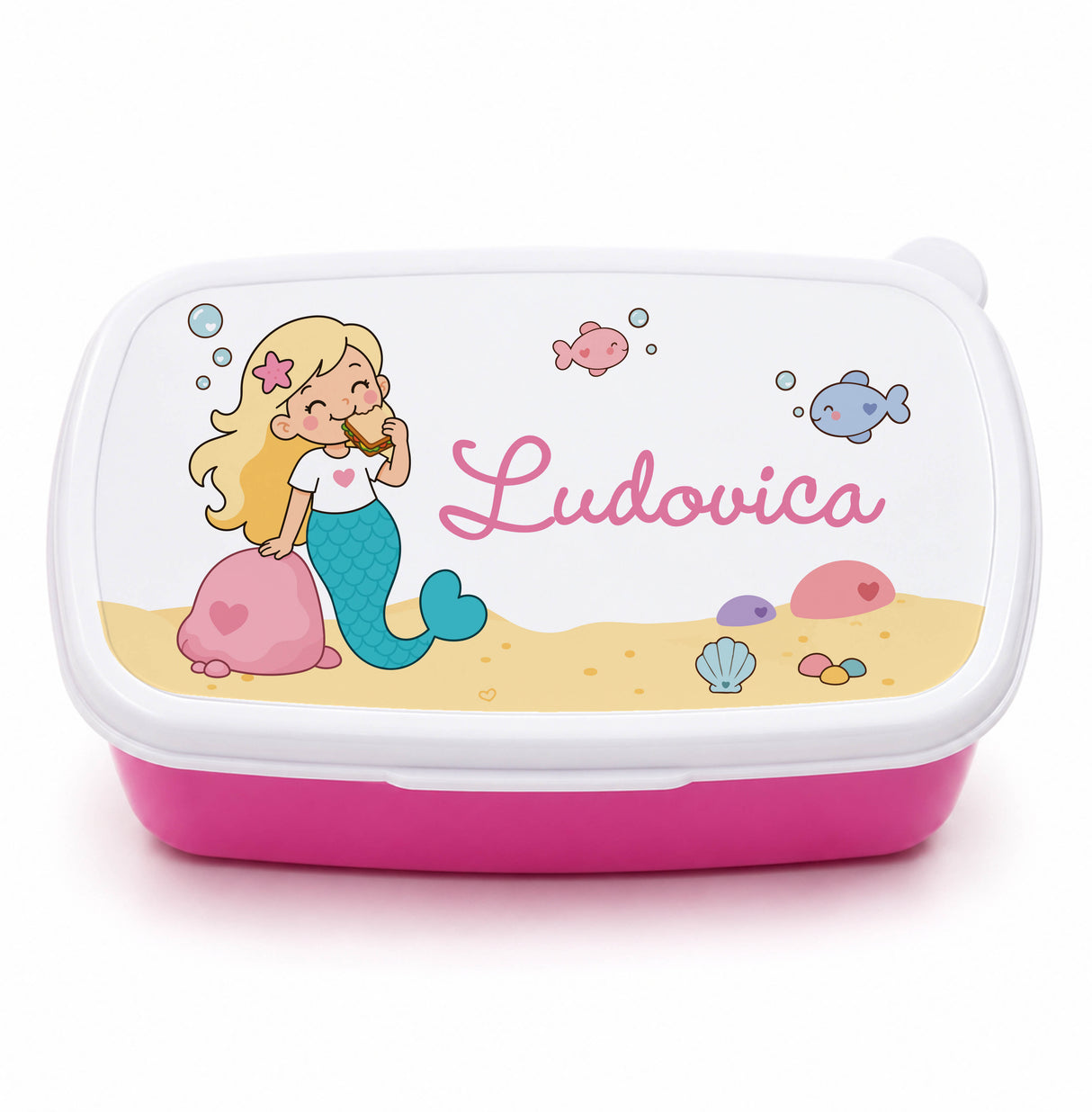 Porta pranzo bambini bianco con sirena e nome Ludovica, base rosa