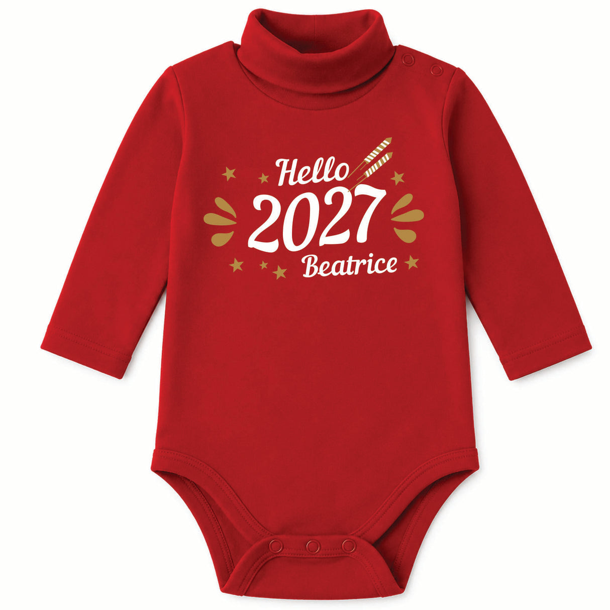 Body neonato rosso a maniche lunghe con collo alto e scritta Hello 2027 Beatrice