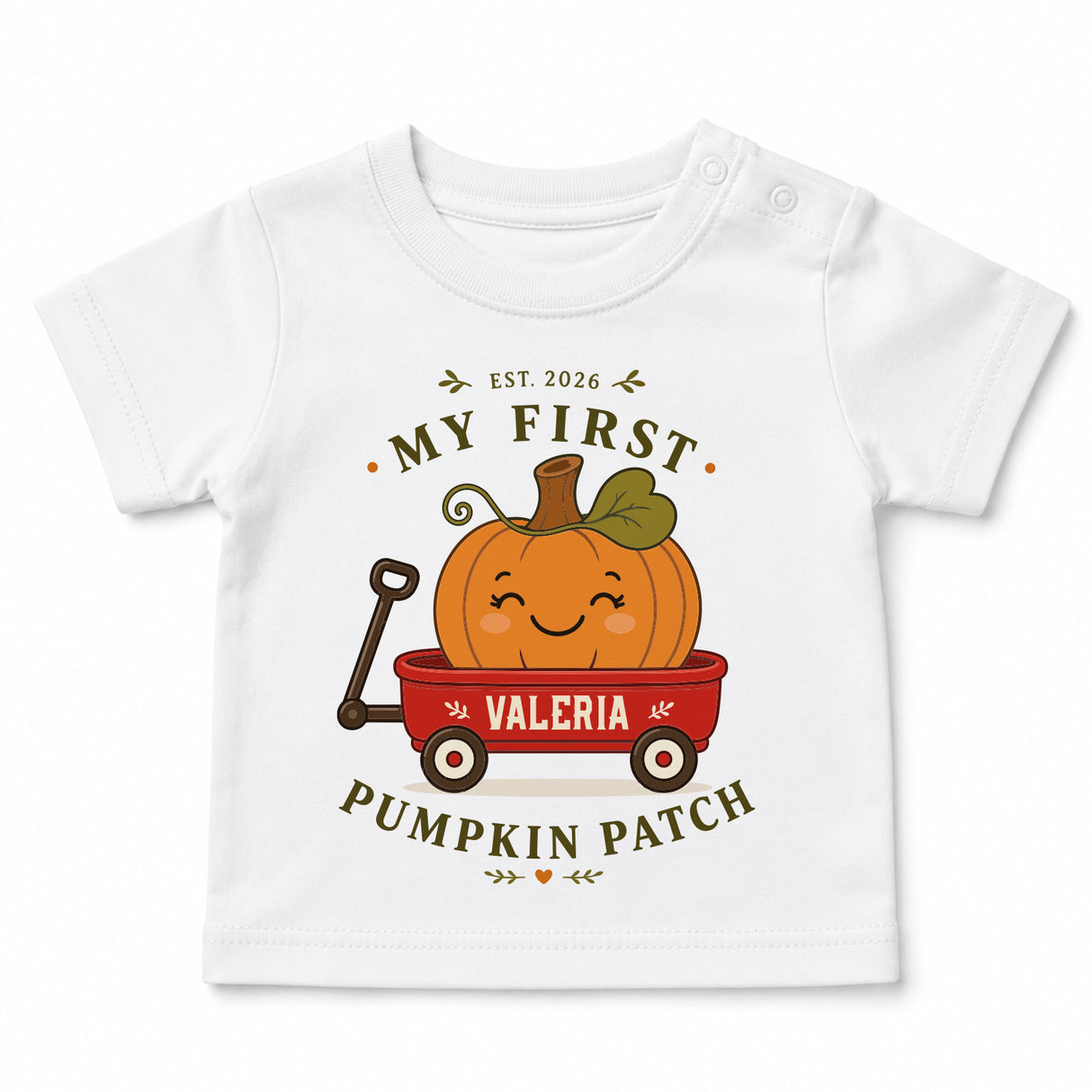 Maglietta neonato bianca con grafica zucca e scritta "My First Pumpkin Patch" e nome VALERIA