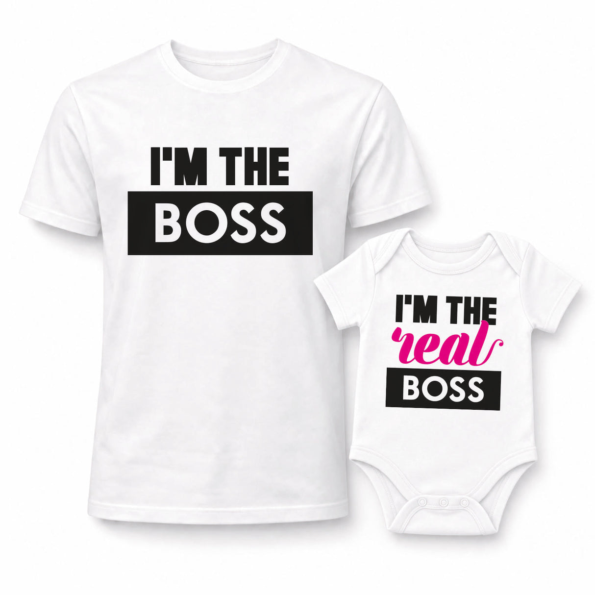 Set t-shirt bianca adulto e body bimbo con 'I'M THE BOSS' e 'I'm the real BOSS'