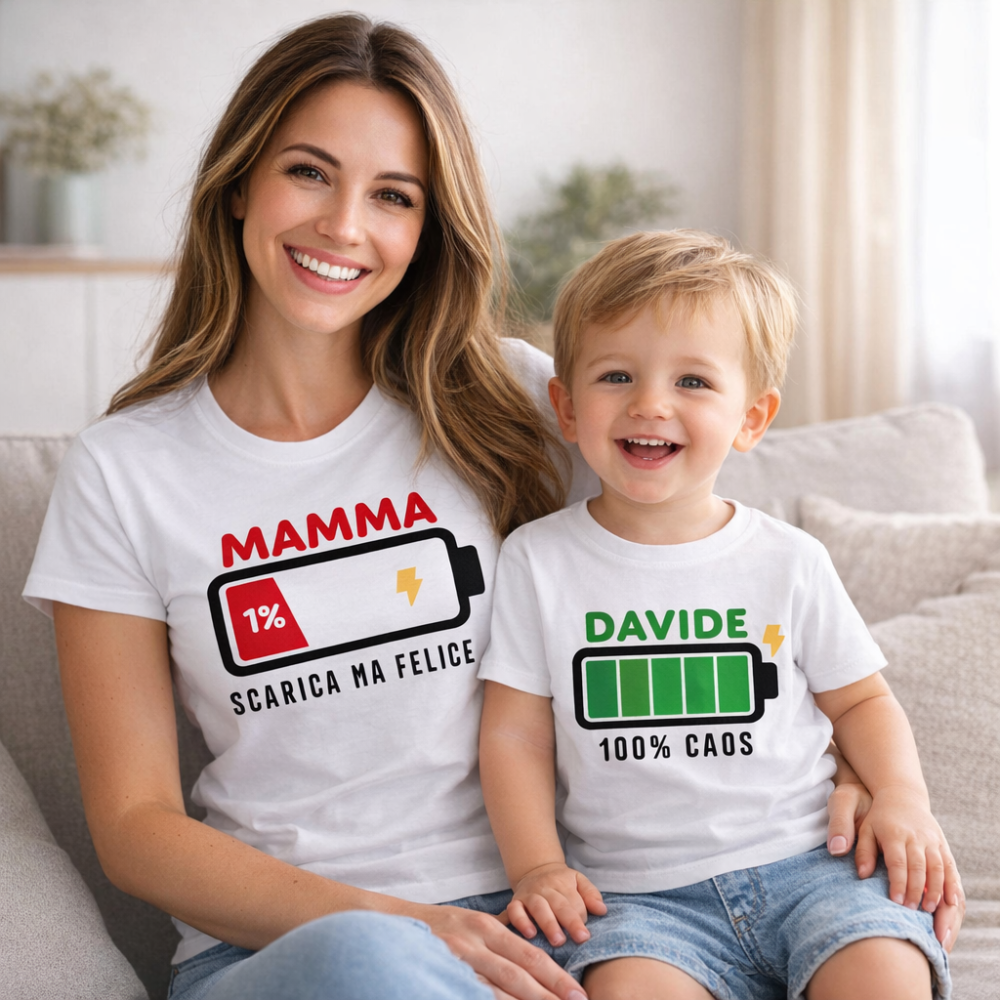 T-shirt bianche coordinate: mamma MAMMA 1% e bambino DAVIDE 100% CAOS
