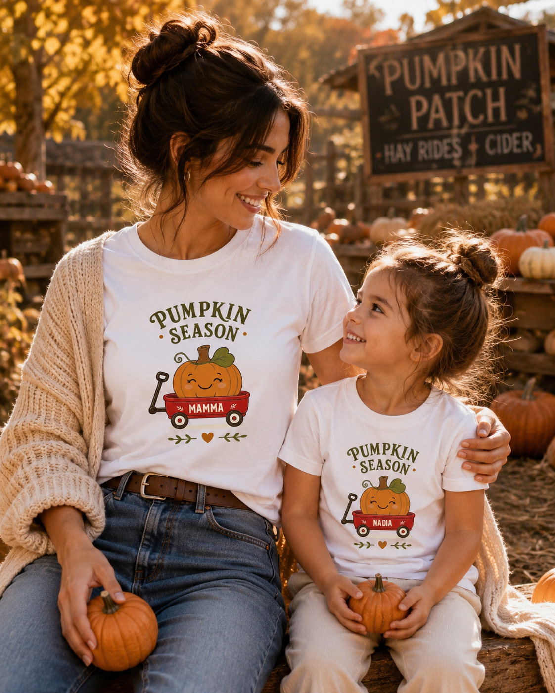 Maglietta donna bianca “Pumpkin Season” con zucca e scritta MAMMA