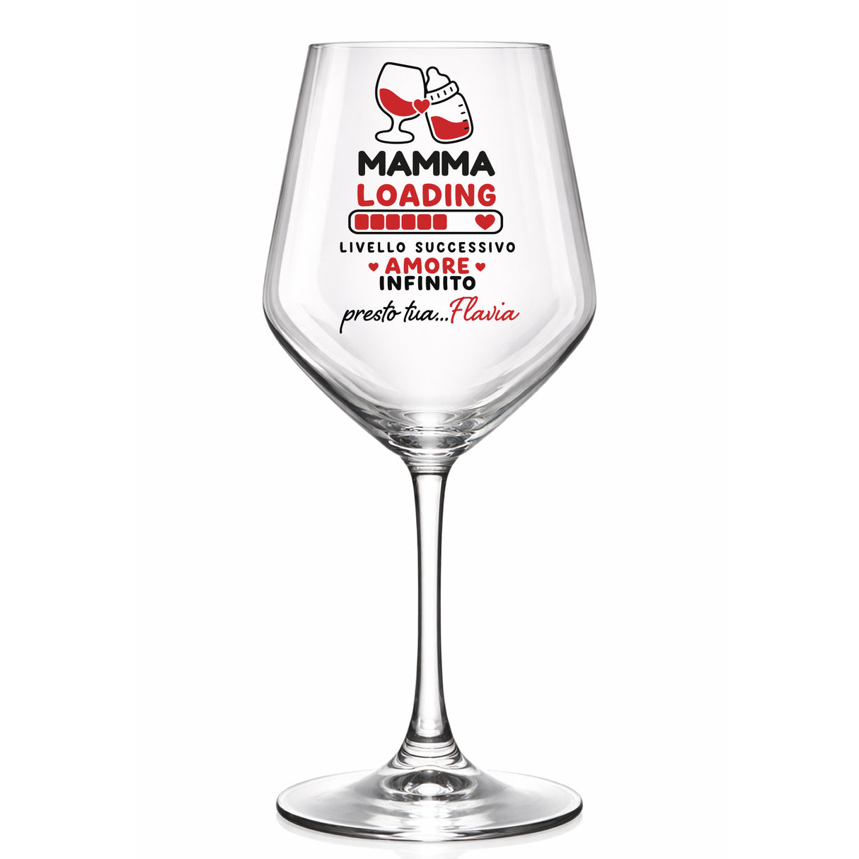 Calice da vino personalizzato con logo “Mamma Loading” e scritta Flavia