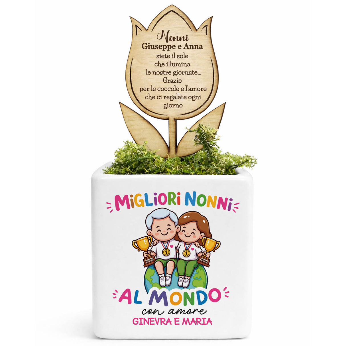 Vaso bianco con fiore in legno, muschio decorativo e dedica per i nonni
