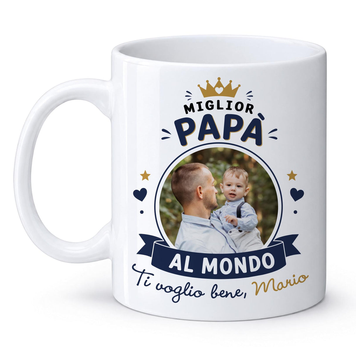 Tazza bianca con stampa “Miglior Papà al Mondo” e foto padre-bambino