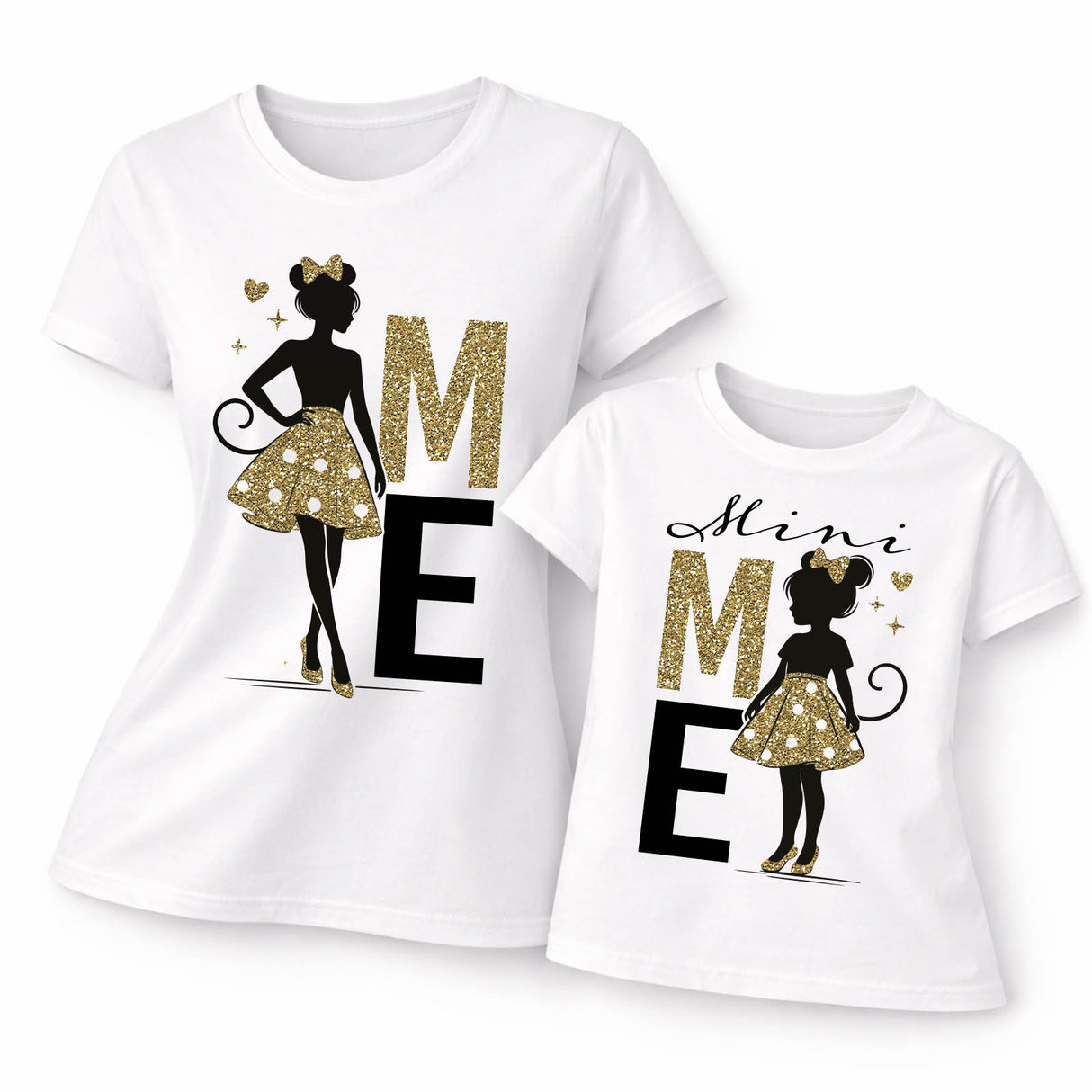 Coppia di t-shirt bianche mamma e figlia con scritta glitter oro e sagoma