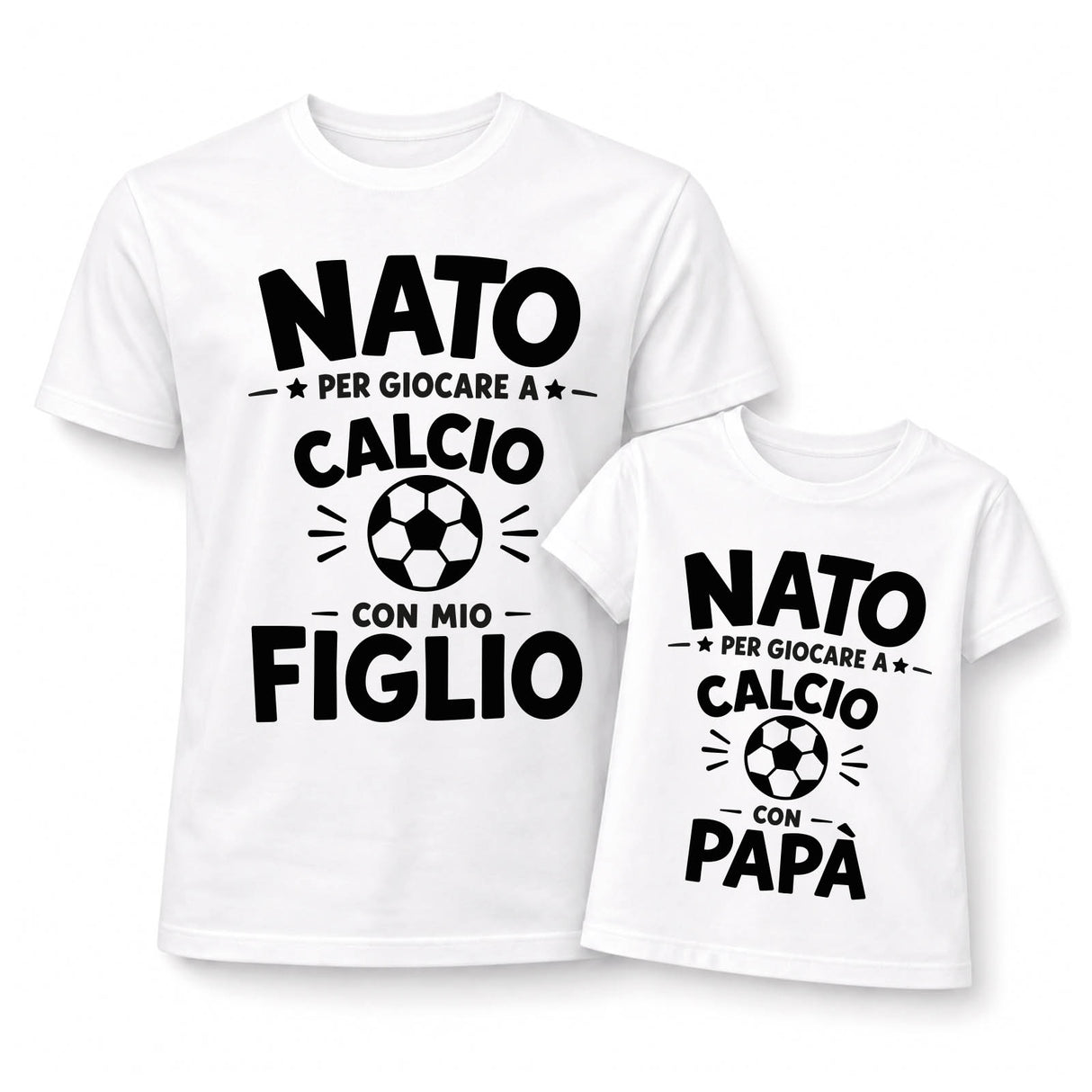Set t-shirt bianche papà e figlio con stampa “NATA” per giocare a Calcio