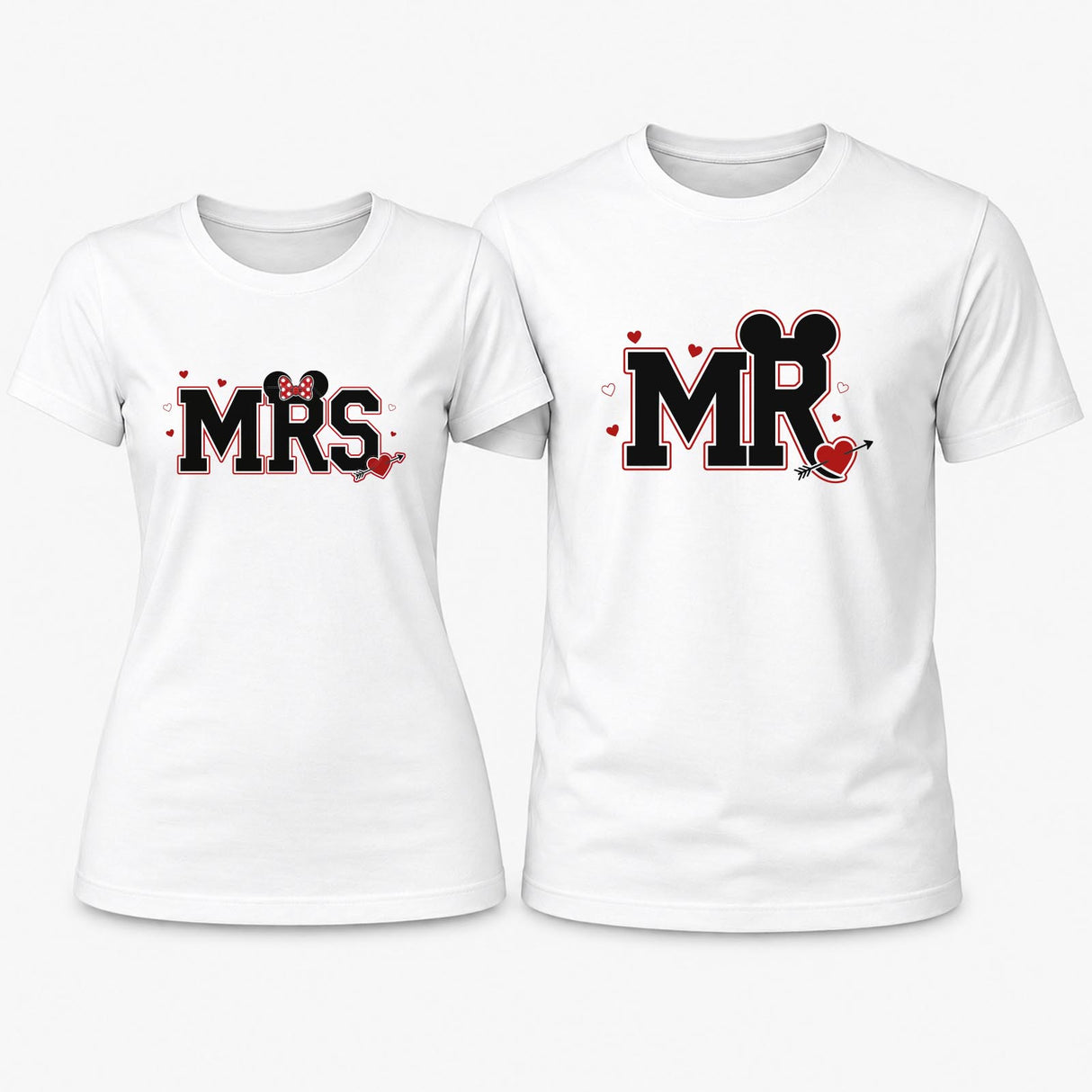Set di due t-shirt bianche Mr e Mrs con stampa rossa e nera, girocollo
