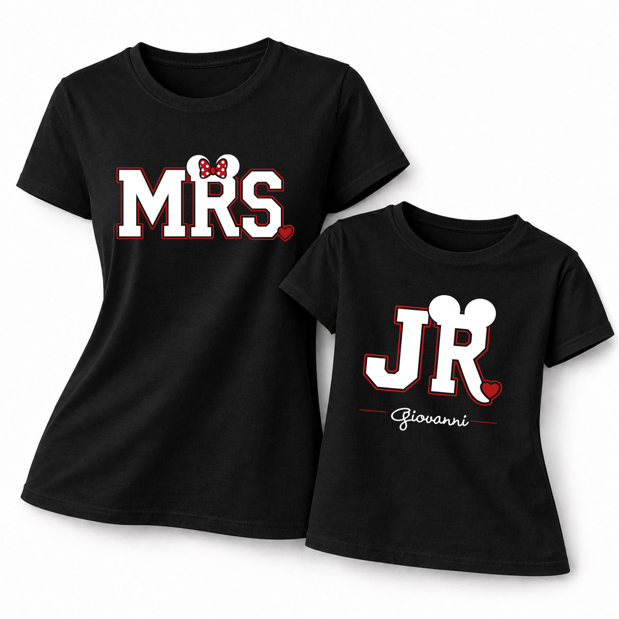 Set 2 t-shirt nere mamma e figlio: scritta MRS e JR con nome Giovanni