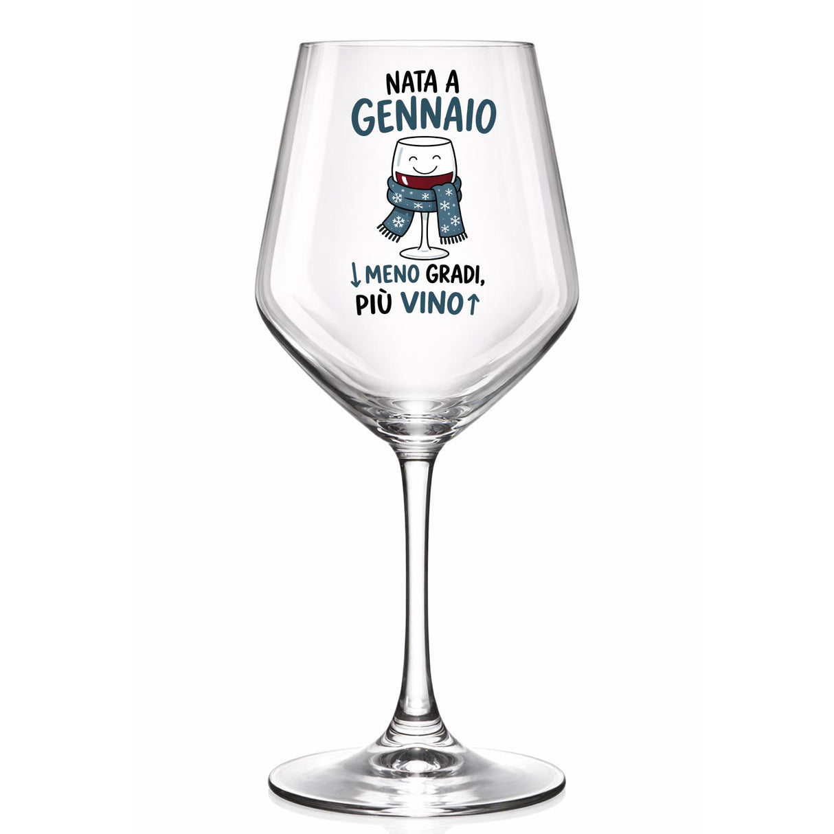 Calice da vino con grafica del personaggio «Nato a Gennaio» e «Meno gradi, più vino»