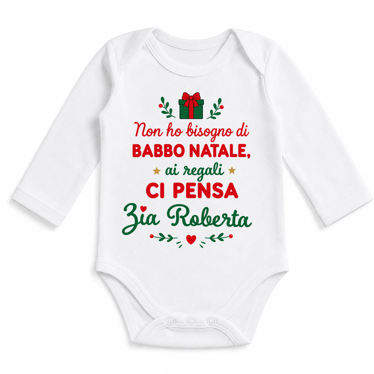 Body bianco a maniche lunghe con scritta colorata personalizzata “ai regali ci pensa…”