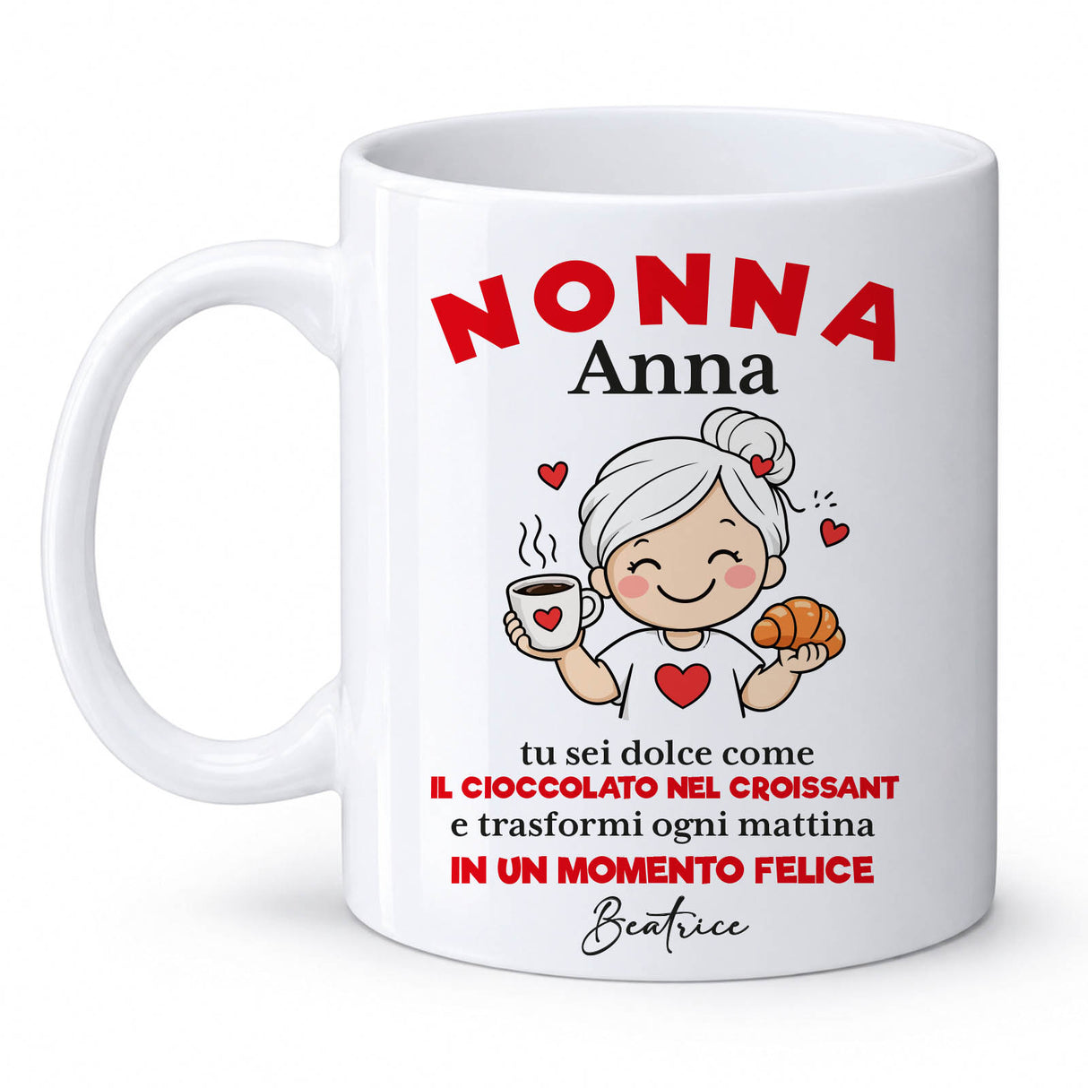 Tazza bianca con stampa 'NONNA Anna' e illustrazione di nonnina con tazza e cuori