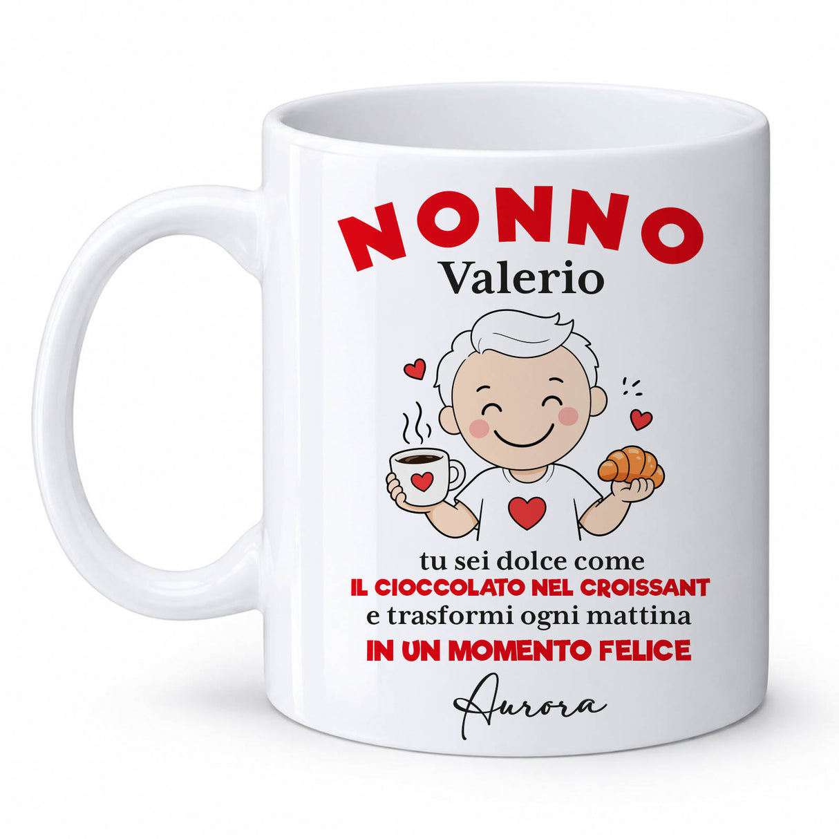 Tazza in ceramica bianca con scritta rossa «NONNO» e nome Valerio
