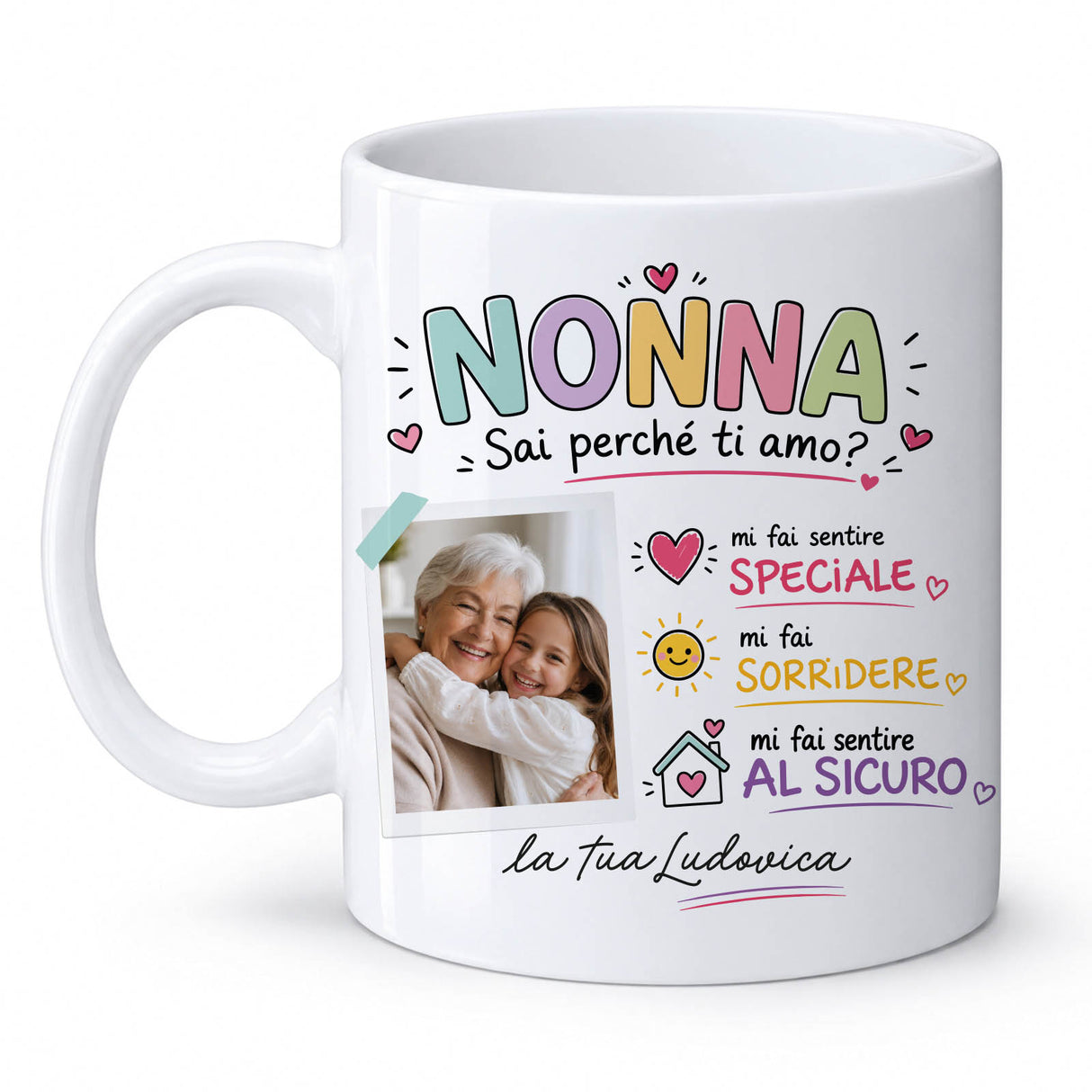 Tazza bianca con scritta “NONNA” e dedica con foto, manico a sinistra