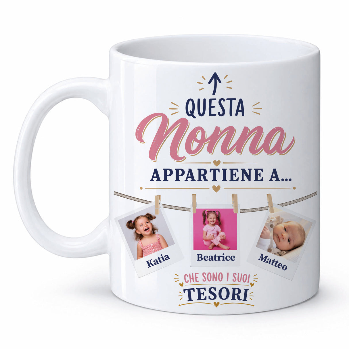 Tazza bianca con scritta “Questa Nonna appartiene a…” e foto dei bambini