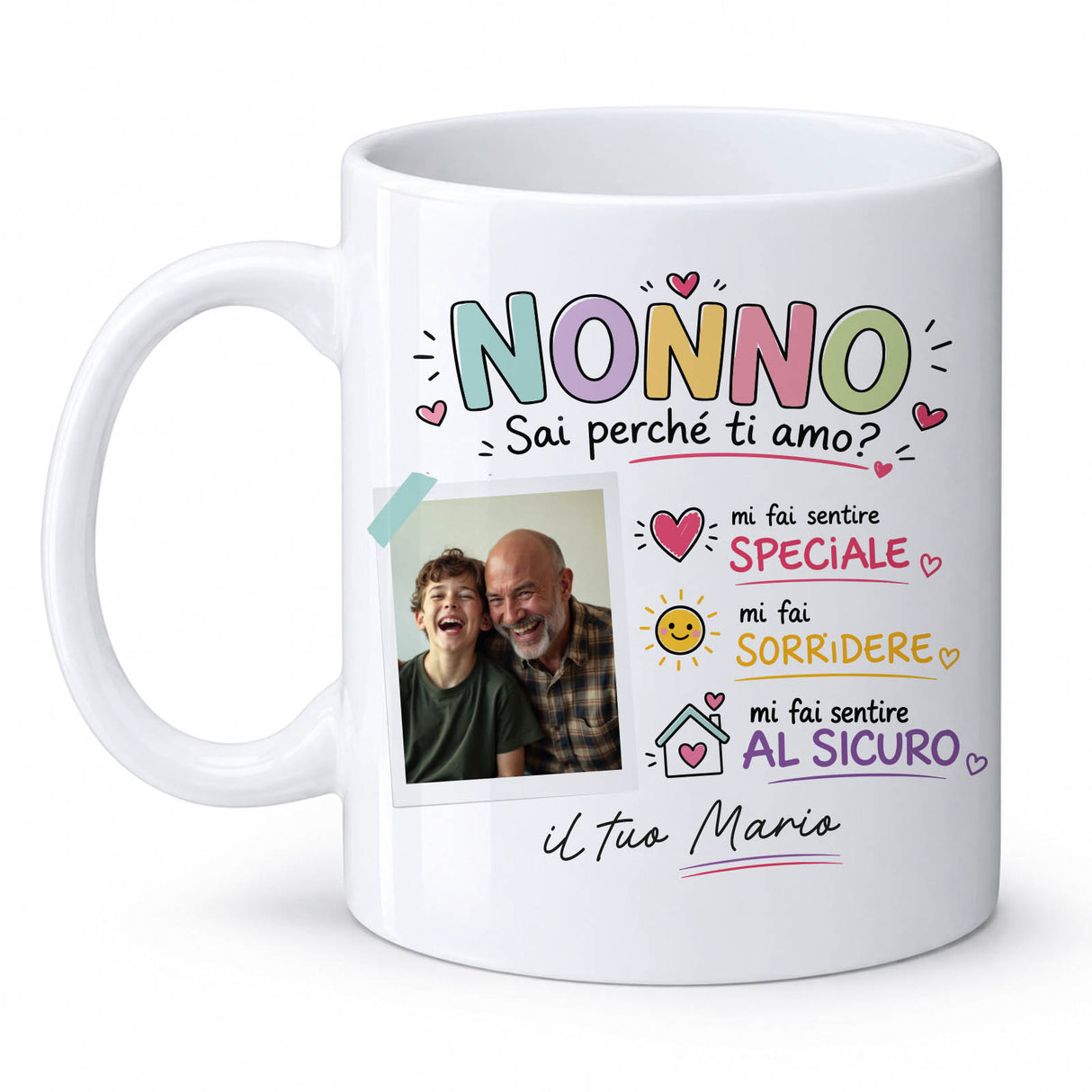 Tazza bianca con manico: stampa Nonno, foto e dedica "il tuo Mario".