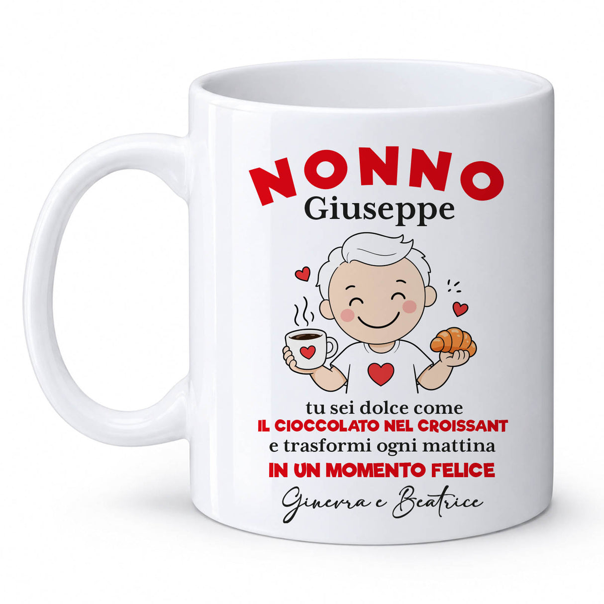 Tazza in ceramica bianca con scritta rossa «NONNO» e nome Giuseppe