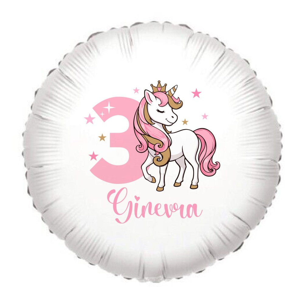 Palloncino foil tondo bianco con unicorno arcobaleno e “Ginevra” con numero 3