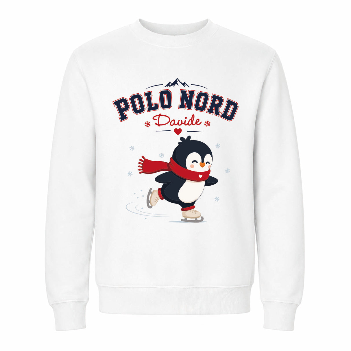 Felpa bianca con grafica pinguino Polo Nord sui pattini e nome Davide