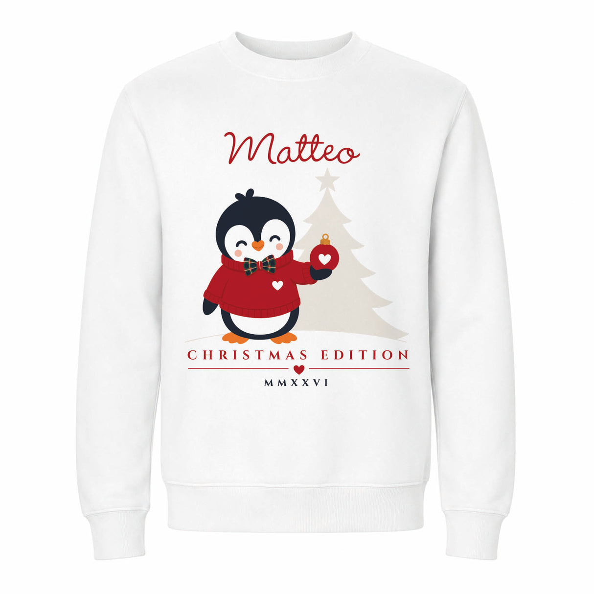 Felpa bianca con pinguino rosso e scritta Matteo, Christmas Edition