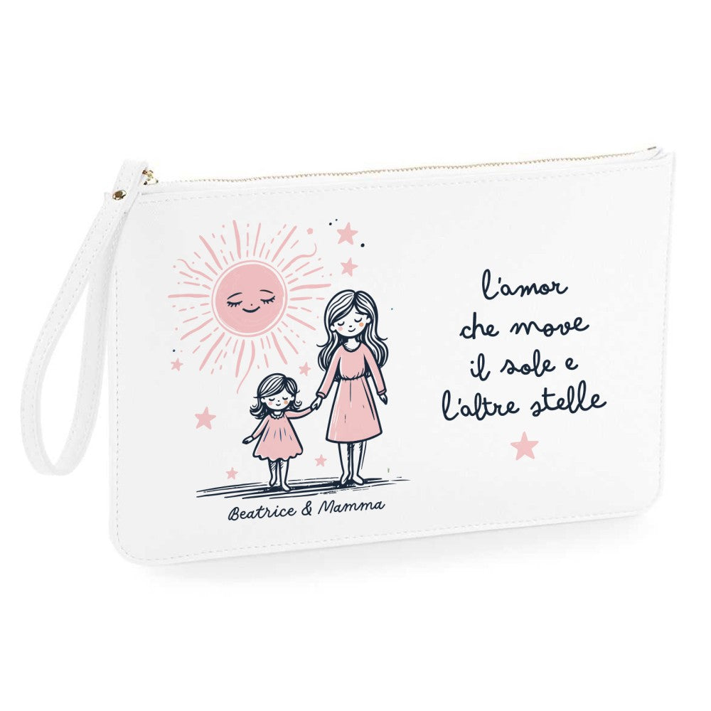 Pochette bianca con zip e laccetto, illustrazione mamma e figlio/a con sole rosa e stelle