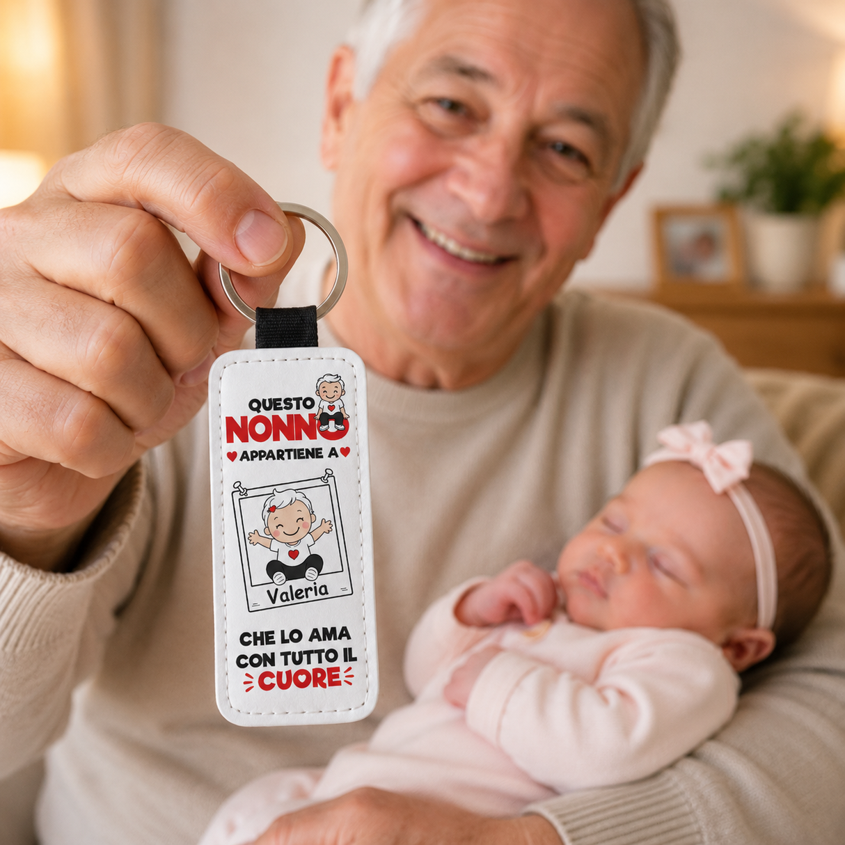 Portachiavi bianco con passante nero, nonno e nome Valeria, mano con anello portachiavi