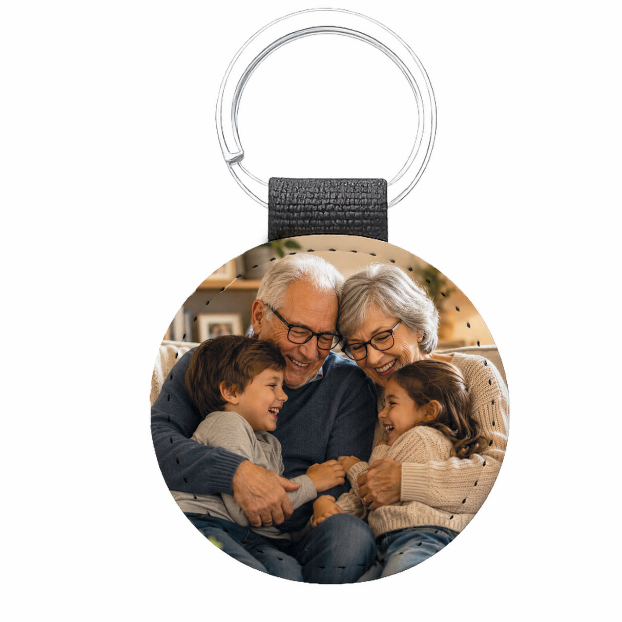 Portachiavi rotondo in ecopelle nera con foto, anello in metallo