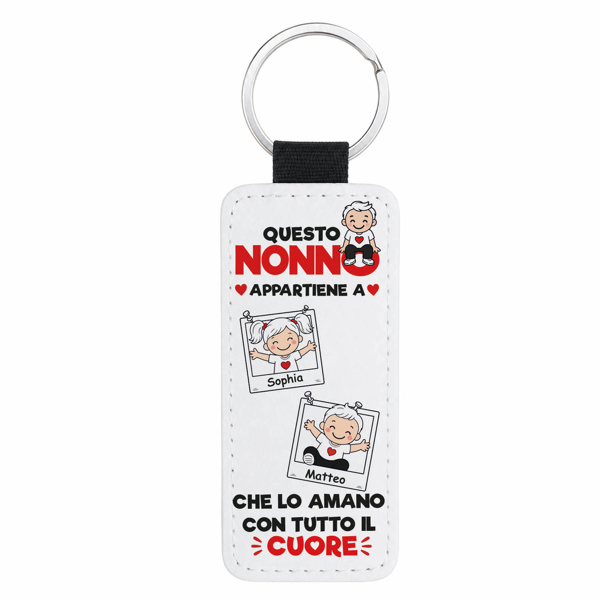 Portachiavi rettangolare bianco con passante nero, nonno e nomi Sofia e Matteo