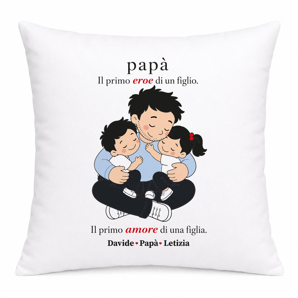 Cuscino bianco quadrato con illustrazione di papà con due bambini e scritte