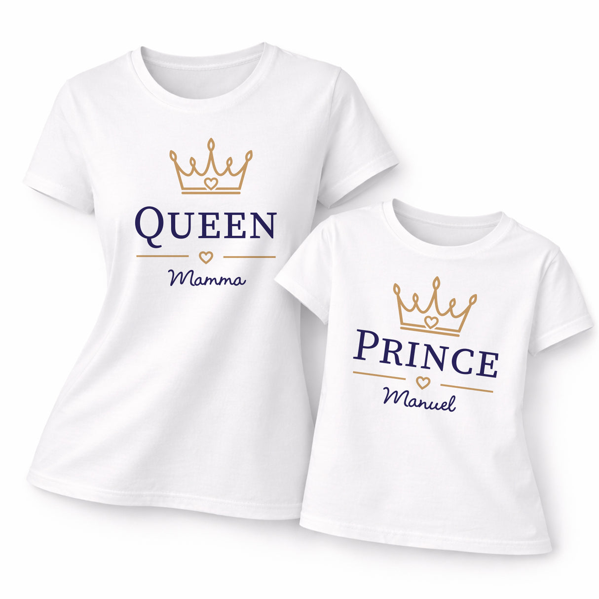 Coppia di t-shirt bianche: QUEEN Mamma e PRINCE Manuel con corona dorata