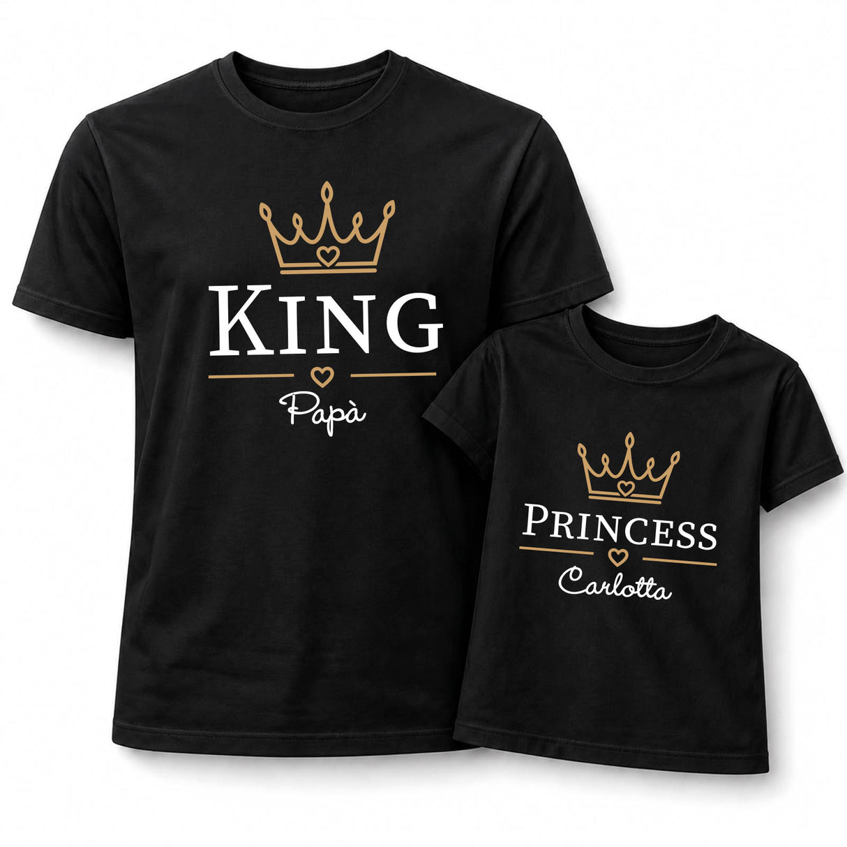 Set di due t-shirt nere: davanti “King” e “Princess” con corona dorata