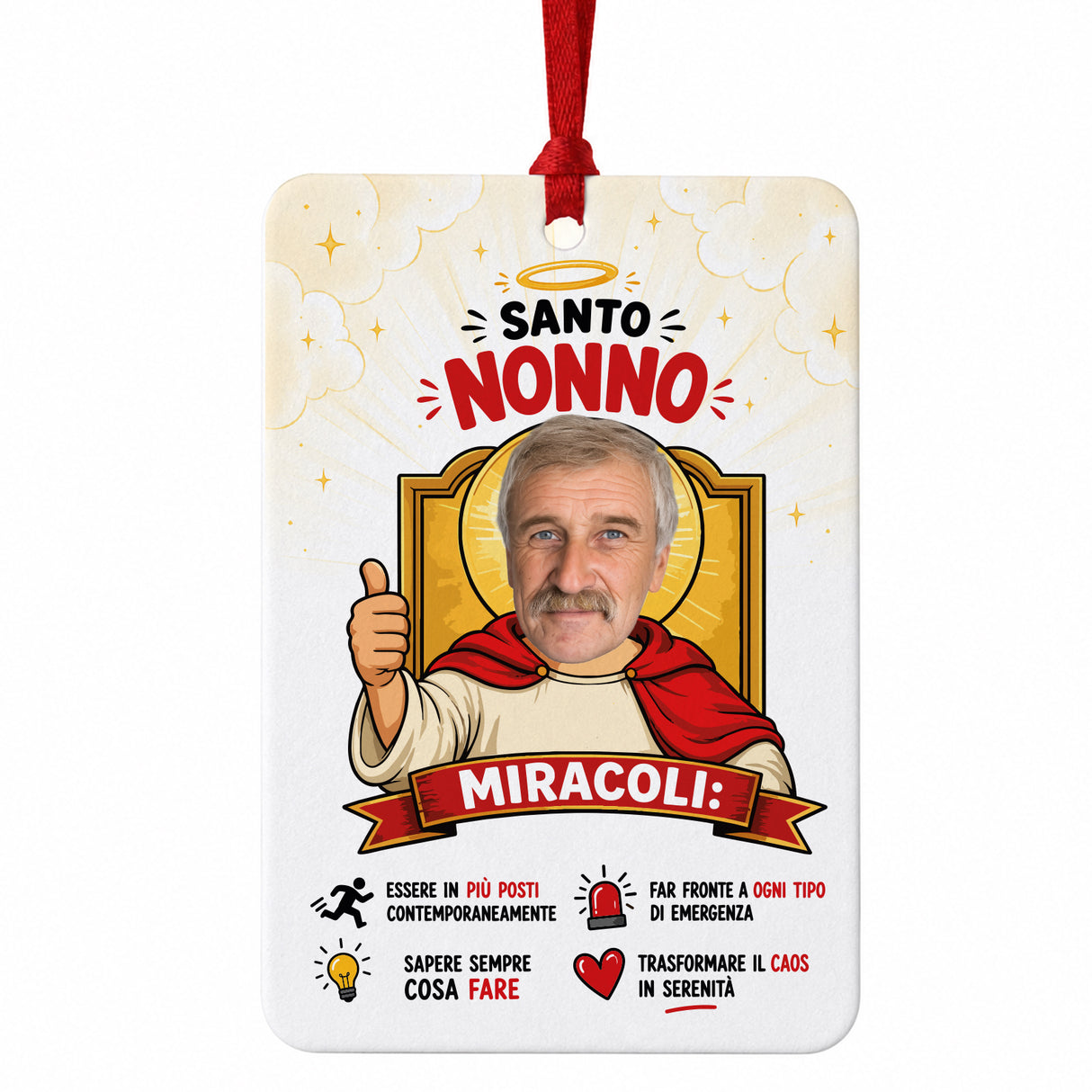 Profumatore per auto personalizzato con foto e cordoncino rosso, "Santo Nonno"