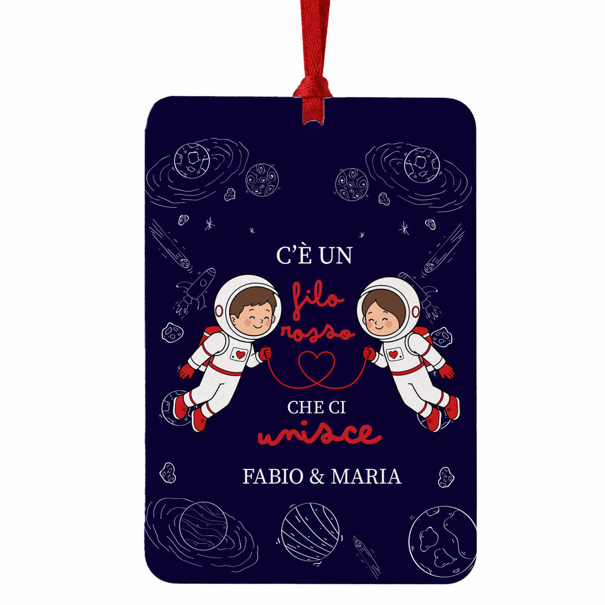 Profumatore per auto: cartoncino blu scuro con nastro rosso, frase e Fabio & Maria