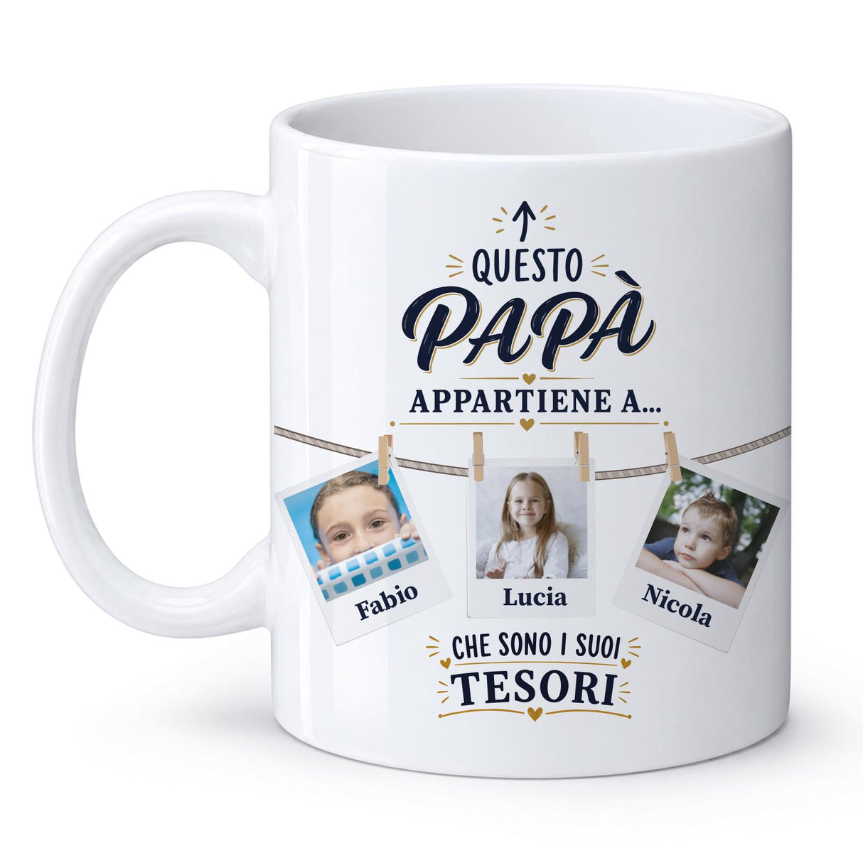 Tazza bianca con tre foto e scritta “Questo papà…”, Fabio, Lucia, Nicola