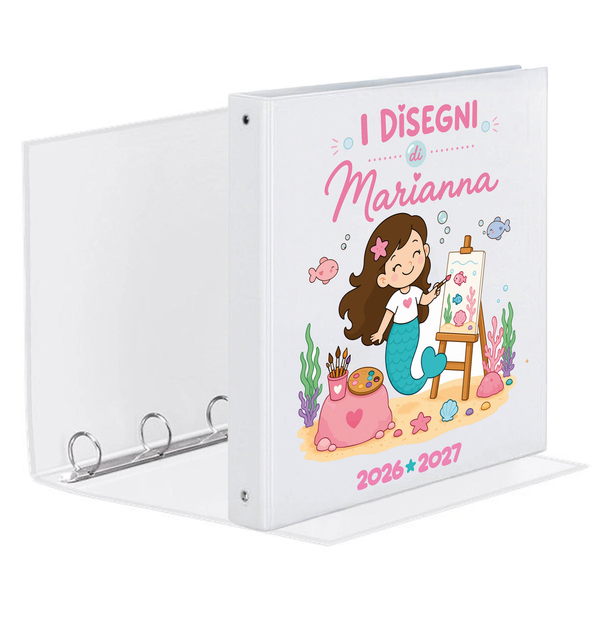Raccoglitore ad anelli bianco con copertina personalizzata e illustrazione "I Disegni".