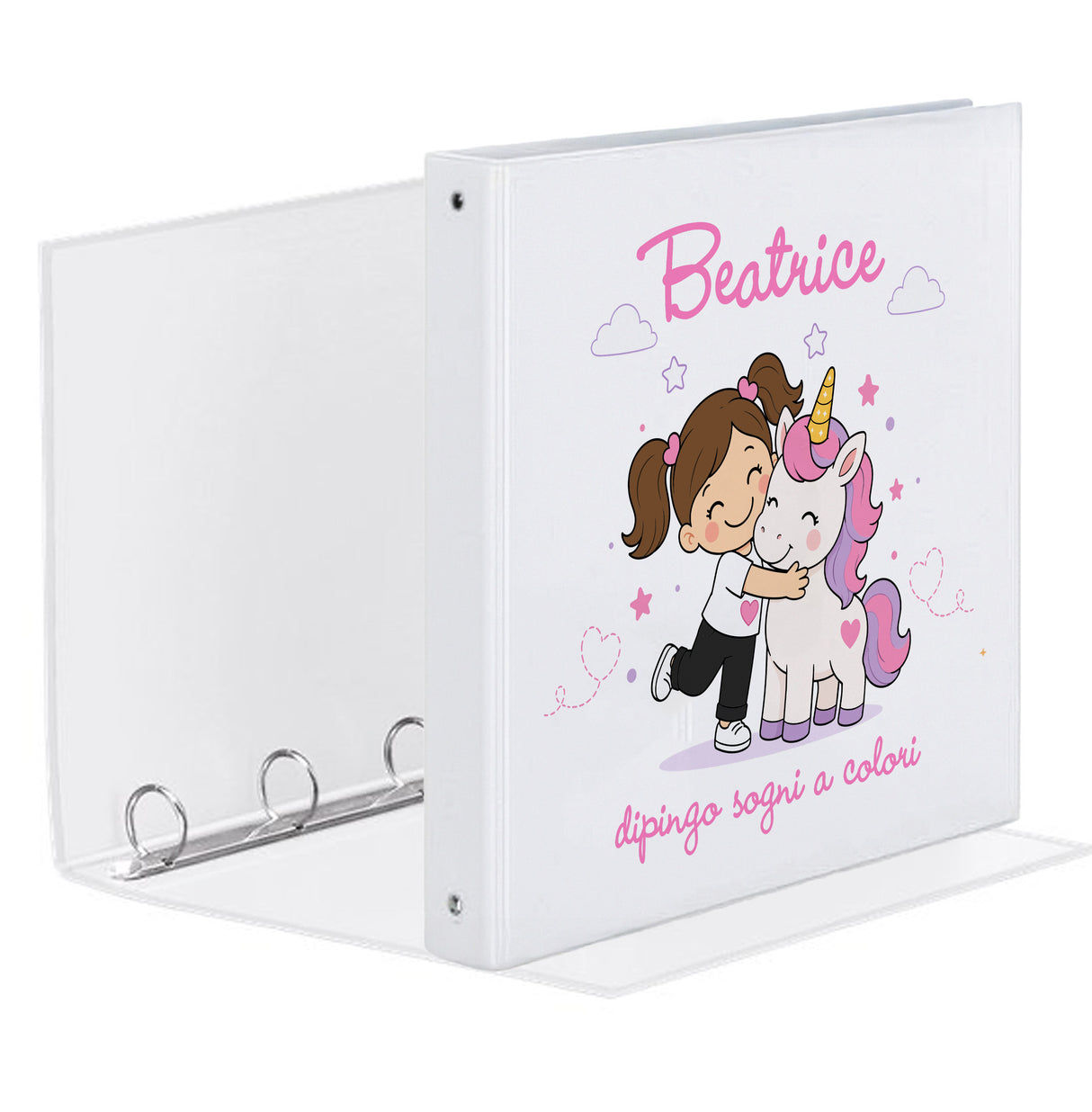 Raccoglitore A4 bianco con copertina: unicorno rosa e nome fucsia, vista laterale