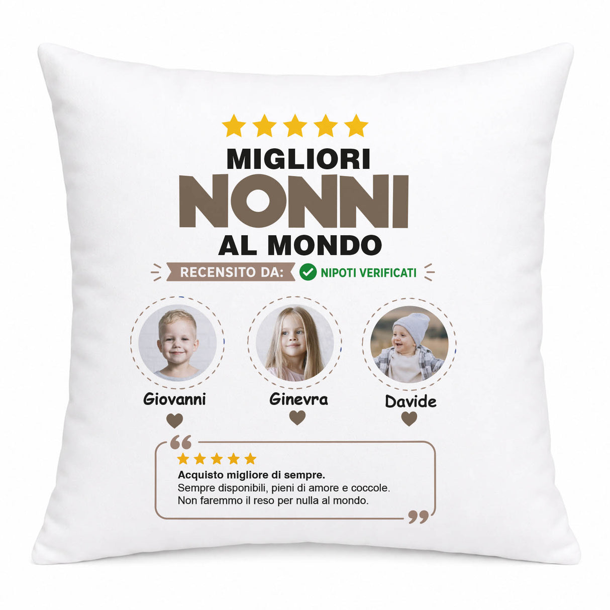 Cuscino bianco «Migliori nonni al mondo» con tre foto e stelle