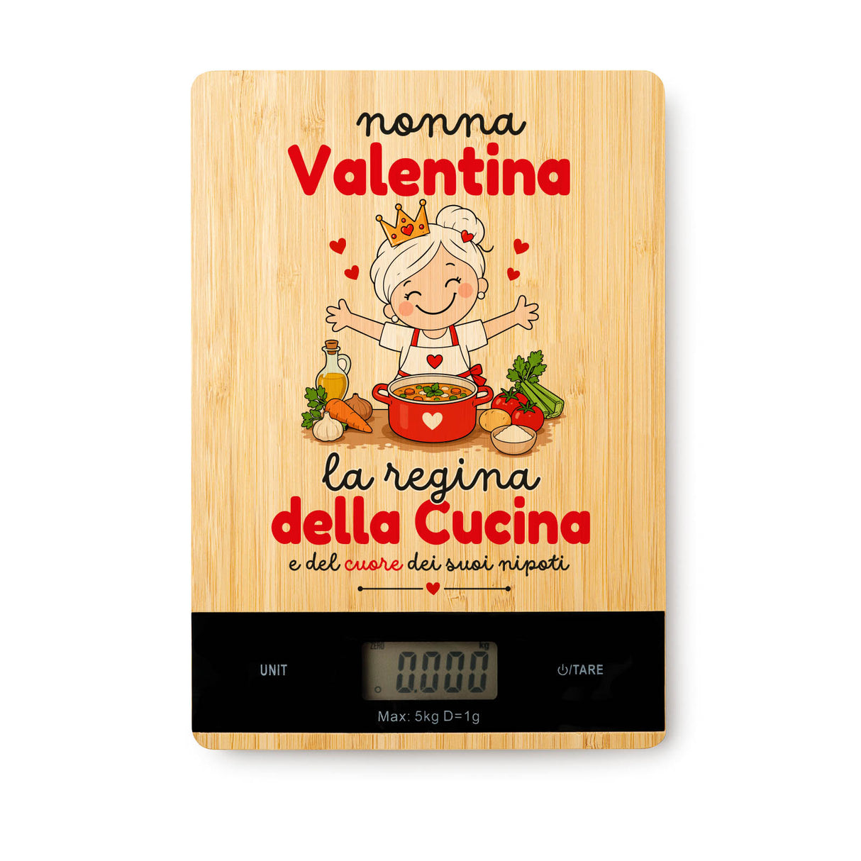 Bilancia cucina digitale in bambù con grafica "nonna Valentina" e display