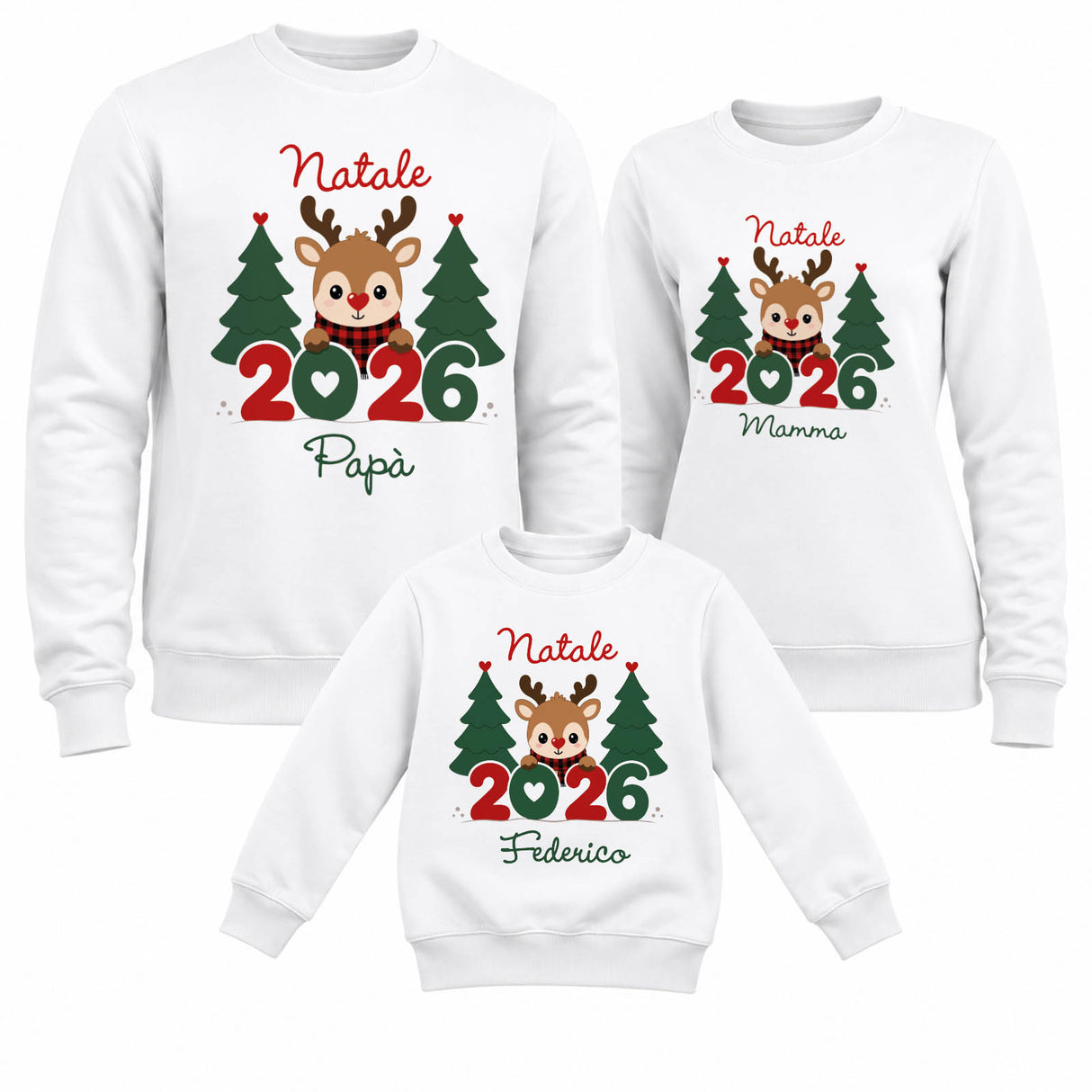 Set felpe natalizie bianche: renne e alberi, scritta Natale 2026 con nomi Papà/Mamma