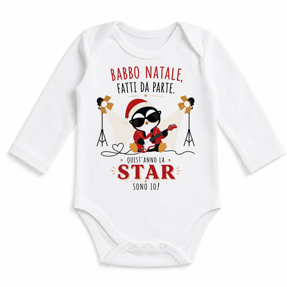 Body neonato bianco maniche lunghe con grafica pinguino rock e scritta natalizia