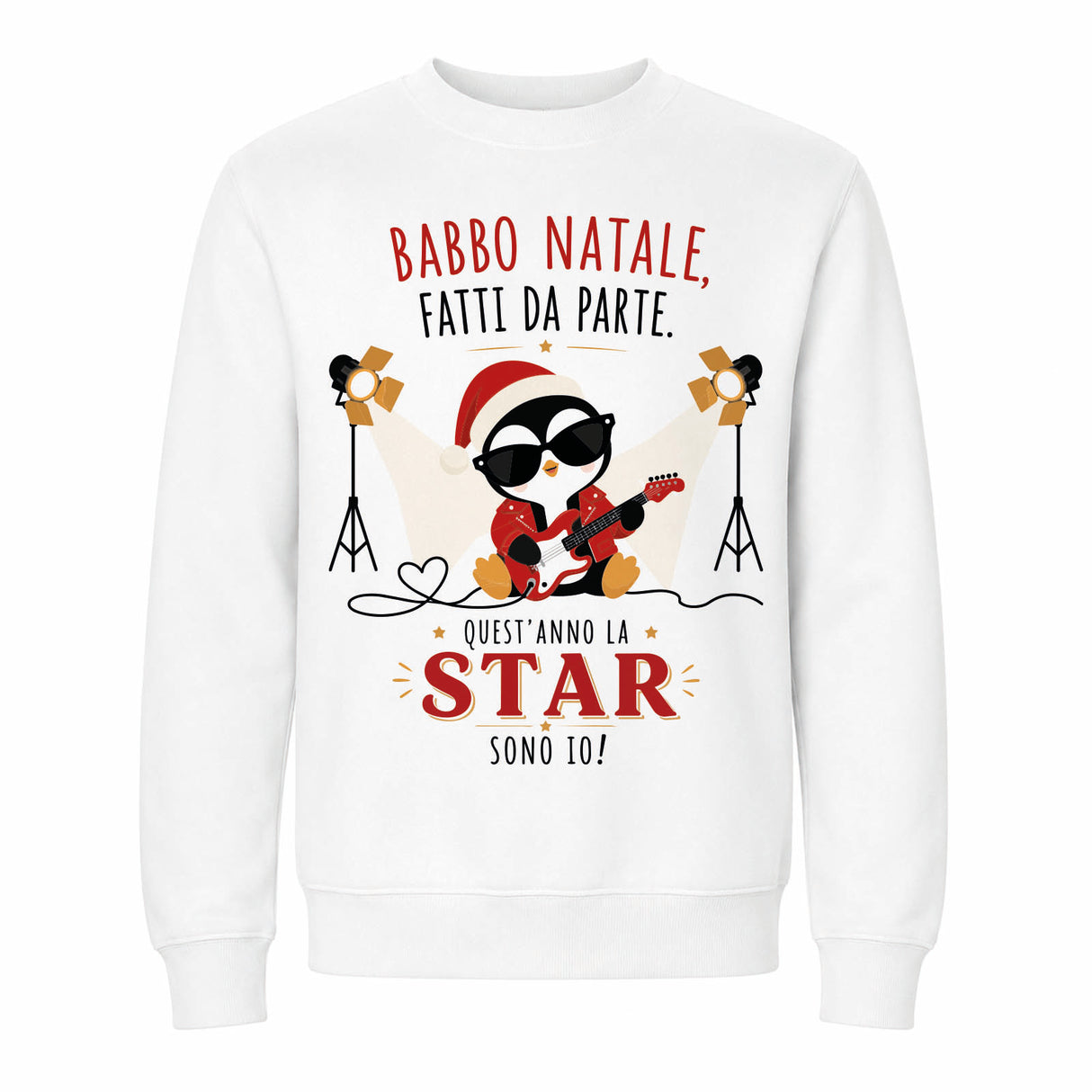 Felpa bimbo bianca con stampa Babbo Natale, cuori e stelle, maniche lunghe
