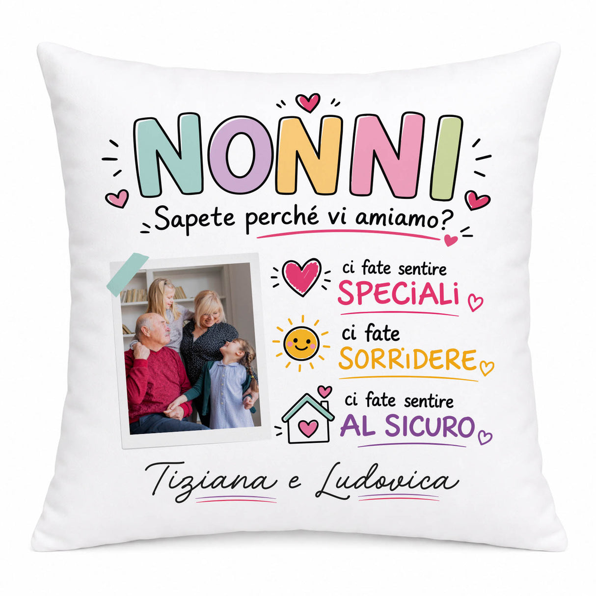 Cuscino bianco “NONNI” con foto e testo, “Tiziana e Ludovica”