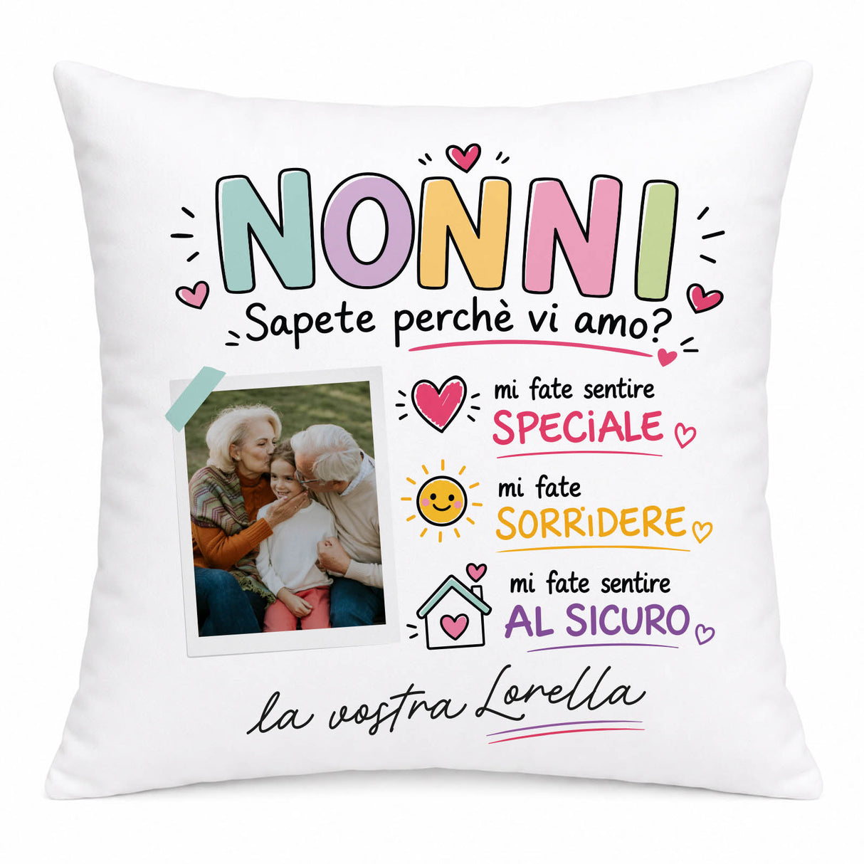 Cuscino bianco “NONNI” con foto e testo, “la vostra Lorella”