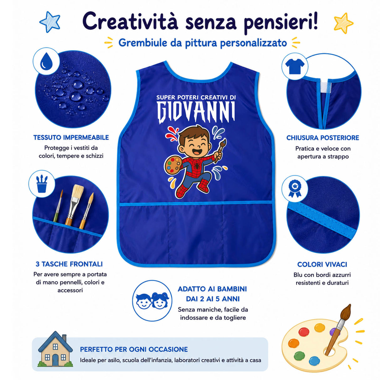 Grembiule da pittura blu con grafica Spider Kid, tessuto impermeabile e tasche frontali