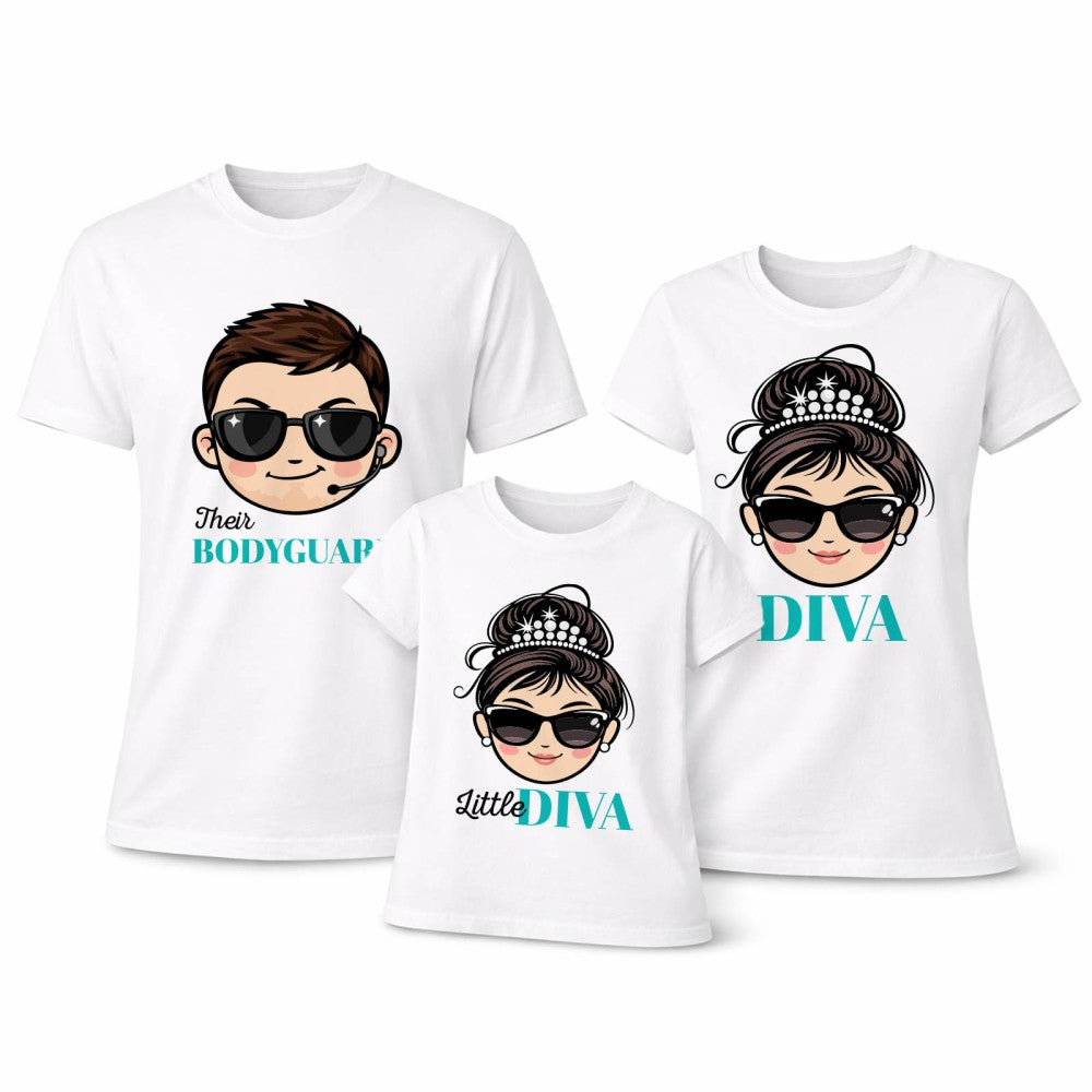 Set di 3 T-shirt bianche coordinate con stampe Diva e Bodyguard, stile papà-mamma-figlia