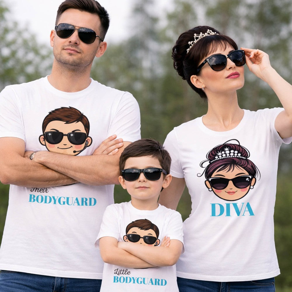 Set t-shirt family bianche con stampe “DIVA” e “BODYGUARD” per papà, mamma e figlio