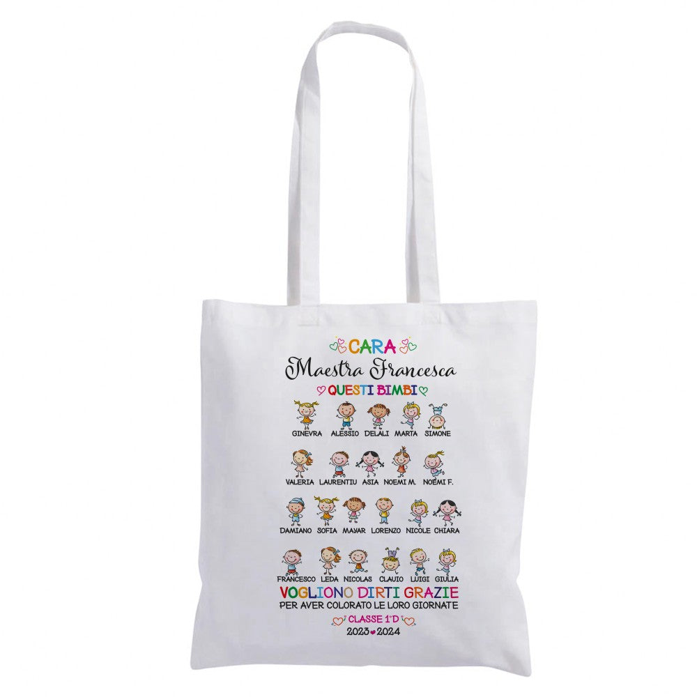 Borsa shopper bianca con manici e stampa colorata con nomi alunni e maestra