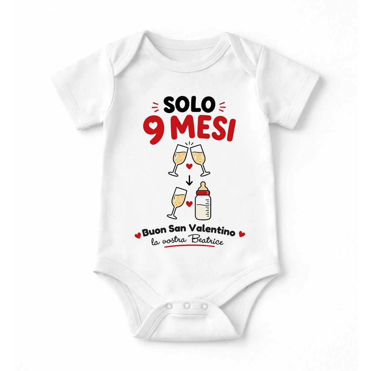 Body neonato bianco “Solo 9 Mesi” con grafica San Valentino e cuori