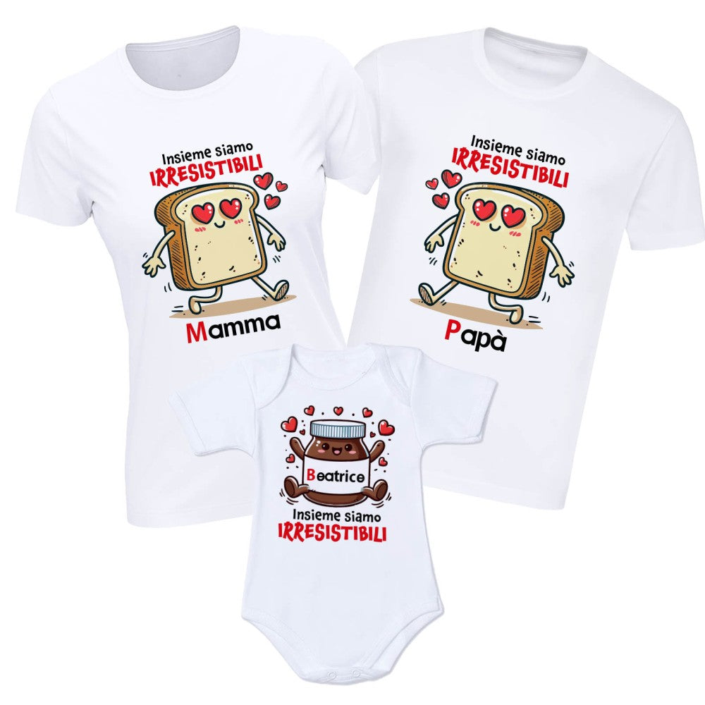 Set di magliette bianche per mamma e papà con stampa tostapane, più body bambino