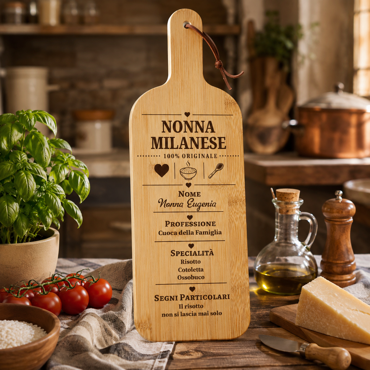 Tagliere in legno personalizzato Nonna Milanese con manico e scritte decorative